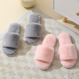Women's Winter Open Toe House Slippers Fluffy Faux Fur Cross Strap Plush Slides Woman Solid Color Cozy Non Slip Indoor Slippers