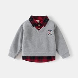 2026 Spring Children Clothes Hoodie Boys Preppy Style Fake Two-Piece Sweatshirt Plaid Collar Long Sleeve Embroidered Boys Top