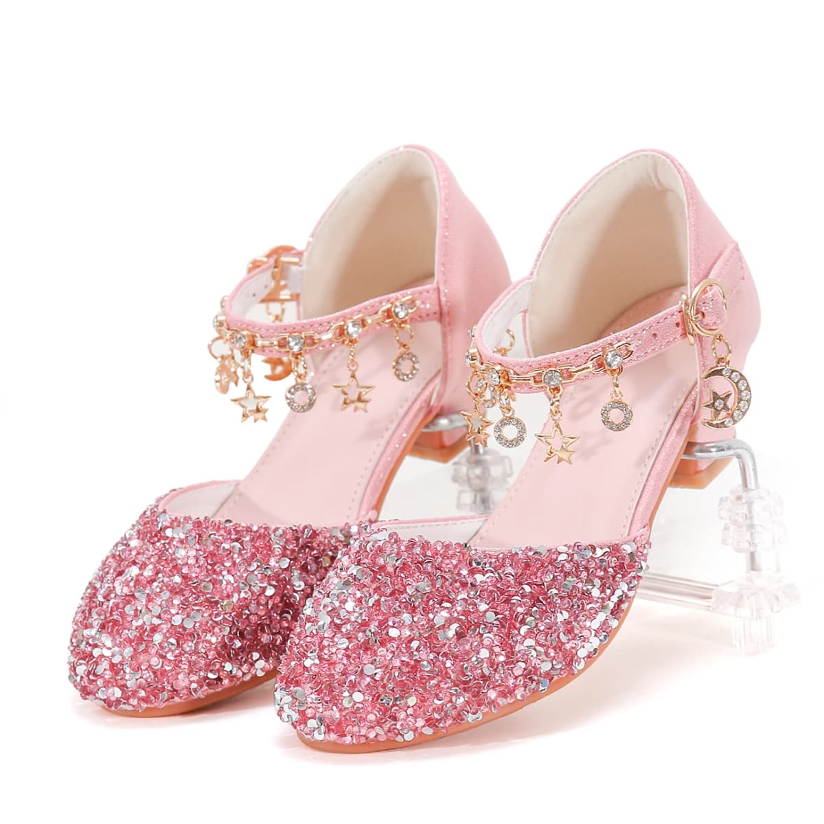 Girls' Princess Style High Heel Shoes With Shiny Star Pendant Decoration, Suitable For Dress And Birthday Party