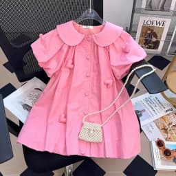 2-10 Years Summer Cute Girls Dress Heart Jewelry Decoration Flip Collar Single Row Buckle Design Dress For Girl