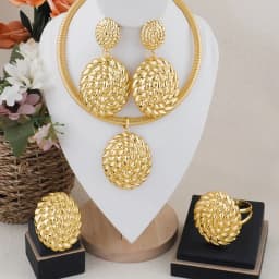 Dubai Big Drop Earrings Necklace Jewelry Set for Women Ethiopia Bridal African Gold Plated Bangle Ring 4PCS Set Banquet Gift