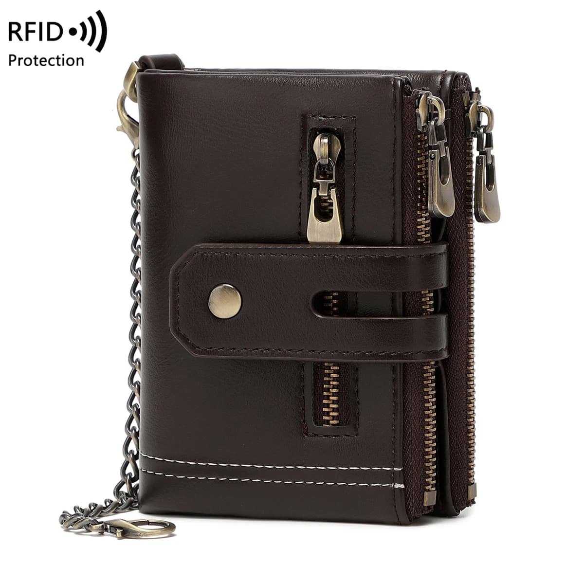Double Zipper Wallet for Men, Multi-Card, Three-Fold Wallet with Chain, Europe and the United States, Business, New