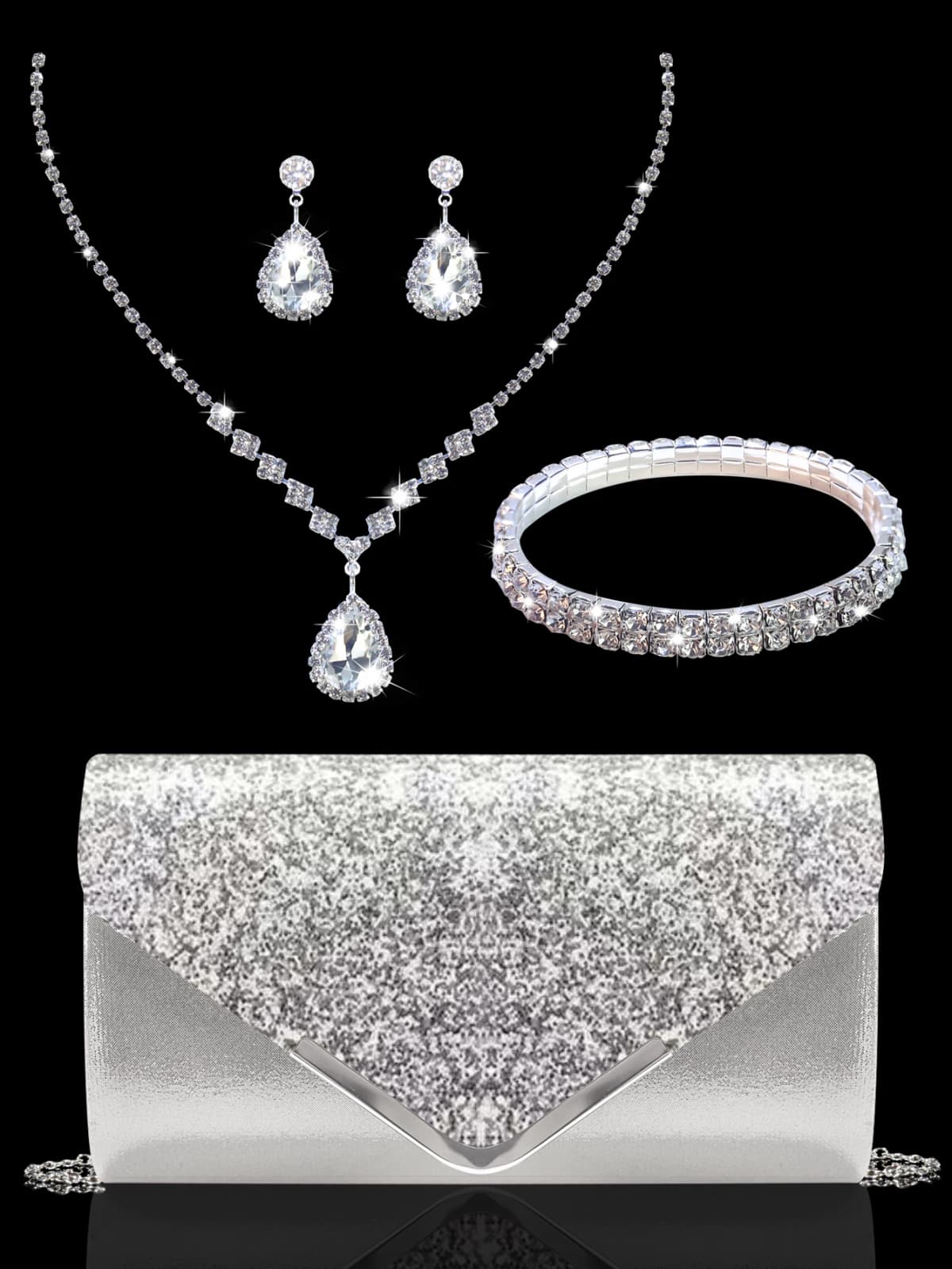 Sparkling and luxurious sequined evening clutch for women, paired with a gorgeous rhinestone necklace, earrings and bracelet set