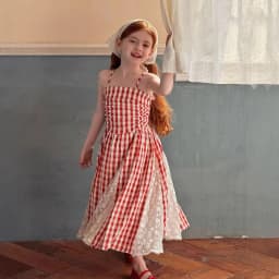 2026 Summer New Children Fairy Long Dress for Girls French Red Checkered Lace Splicing Lace Strap Dress