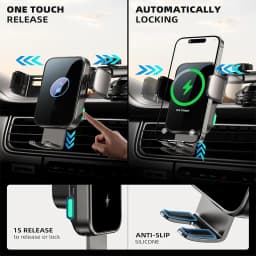 UYUXIO Auto Clamping Wireless Car Charger with LED Light 66W Fast Charging Air Vent Car Phone Holder for iPhone 16 15 14 Pro Max