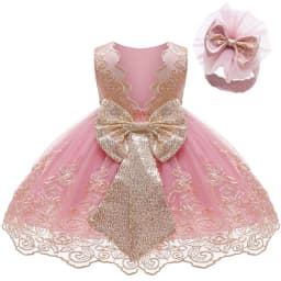 Toddler Girls Lace Bow Dress Backless Princess Dress+Headband Elegant Baby 1st Birthday Party Baptism Infant Wedding Prom Gown
