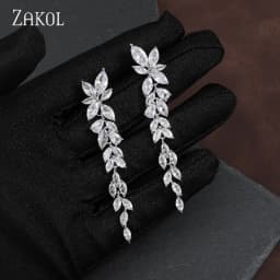 ZAKOL Water Drop Zircon Leaf Shape Bridal Wedding Dangle Earrings For Women Temperament Elegant Party Gift Jewelry Accessories