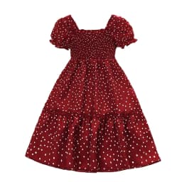 Kids Dress For Girls Red Polka Dot Square-Cut Collar Short Sleeve Elastic-Waist Shirred Patchwork 8-12 Years Summer Sweet Style