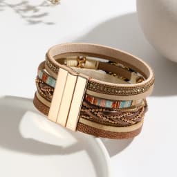 Multilayer Handwoven Leather Bracelet for Women Magnet Buckle Wide Bracelet Rice Bead Woven Devil's Eye Leather Bracelet Bangle