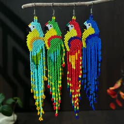 Glass Bead String Earrings with Parrot Design Bohemian Fringe Earrings Seed Bead Strings Women's Jewelry for Everyday Wear