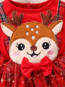 Toddler Baby Girls Christmas Dress Long Sleeve Reindeer Applique Plaid Tulle Skirt Faux Two-Piece Holiday Outfit Red