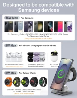 3 in 1 Charging Station Aluminum Qi2 Magnetic Charger for Samsung Galaxy S25/Ultra/S24/S23/S22/Galaxy Watch 8/7/6/5/Galaxy Buds