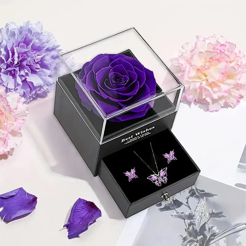 1 Set Elegant Butterfly Pendant Necklace and Earrings with Purple Rose Gift Box for Mother'S Day,Valentine's,Christmas,Birthdays