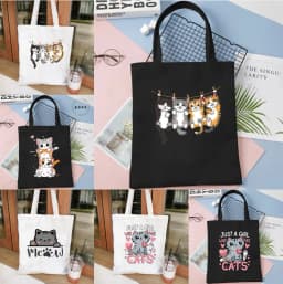 Cartoon Cat Printed Women's Canvas Single Shoulder Handbag Cartoon Animal Commuter Shopping Bag Reusable Handbag