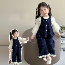 Bear Leader Children's Clothing Autumn Imitation Denim Ruffle Girls Clothes Bow Printed Vest+Long Sleeved Shirt+Pants 3 Pcs Set