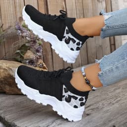 Women's Spring Autumn Knitted Thick Sole Sneakers Leopard Print Patchwork Breathable Flying Woven Lace‑Up Casual Walking Shoes