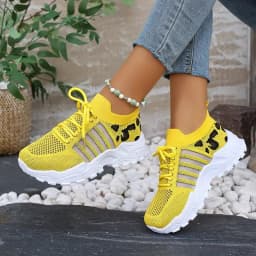 Women's Spring Autumn Knitted Thick Sole Sneakers Leopard Print Patchwork Breathable Flying Woven Lace‑Up Casual Walking Shoes