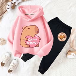 Capybara drink bubble tea fun print girls fashion set kids fall and winter casual comfortable warm hoodie + pants two-piece set