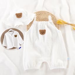 3Pcs Muslin Baby Jumpsuit Coat Hat Bear Baby Summer Clothes Set Kids Coat Romper White Toddler Outfit Suit Infant Clothing 0-3T