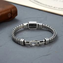New Silver Color Couple Style Hand-Knitted Bracelet Old Vintage Black Stone Men Personalized Versatile 5MM Chain Fashion Jewelry
