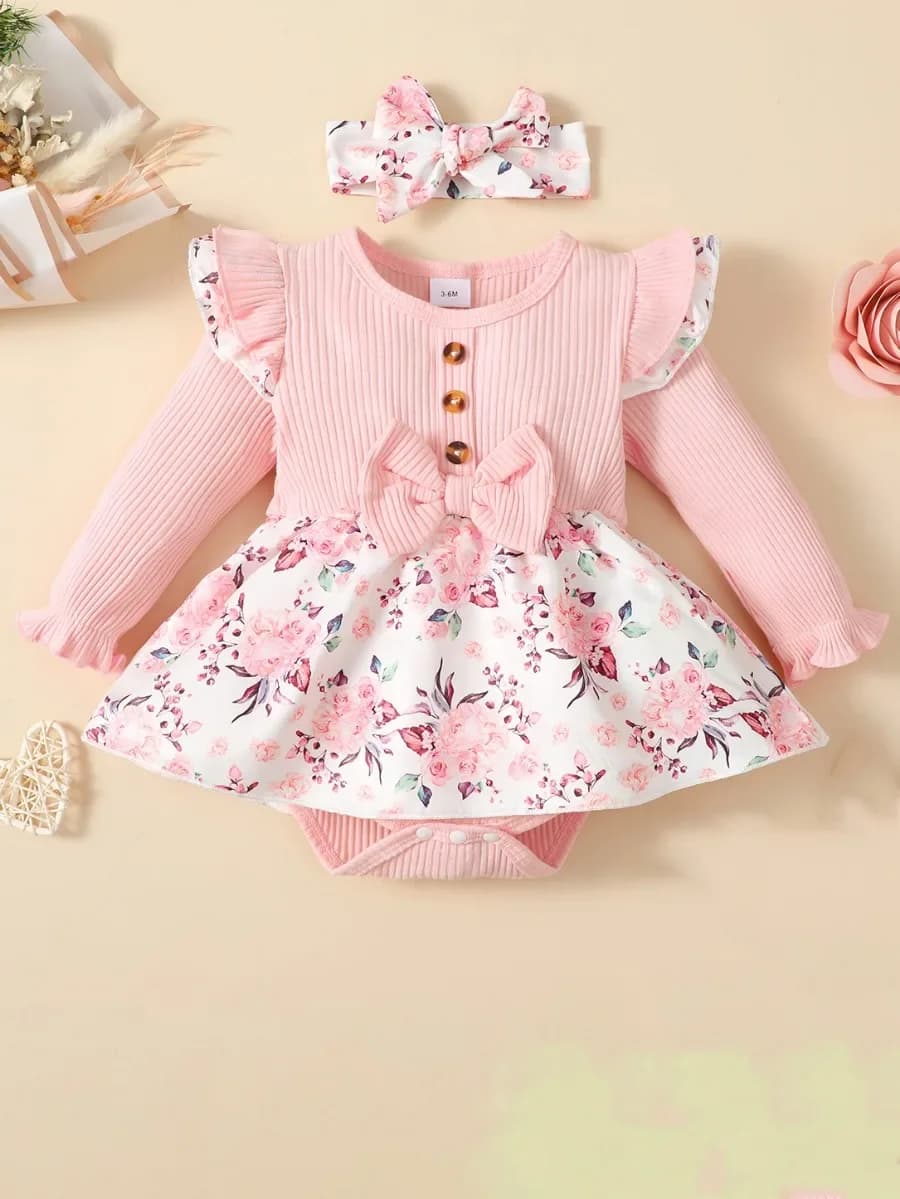 2PCS Baby Girl Princess Romper Dress Long Sleeved Lovely Ribbed Floral Jumpsuit with Headband for Newborn Baby Girl 0-18 Months