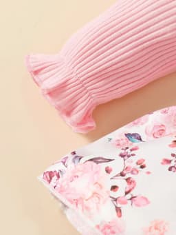 2PCS Baby Girl Princess Romper Dress Long Sleeved Lovely Ribbed Floral Jumpsuit with Headband for Newborn Baby Girl 0-18 Months