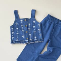 Summer Kids Clothes Korean Version Fashion 3-7Y Girls Blue Imitation Denim Bow Print Sleeveless Tops+Pants 2 Pcs Set