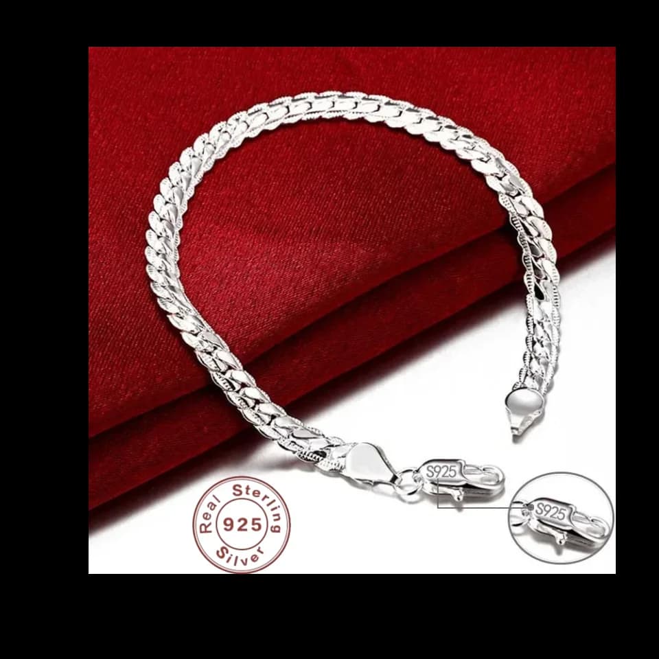 925 Sterling Silver Bracelet 6mm 18cm Flat Side Chain Lobster Clasp For Woman Man Wedding Engagement Jewelry Silver Bracelet