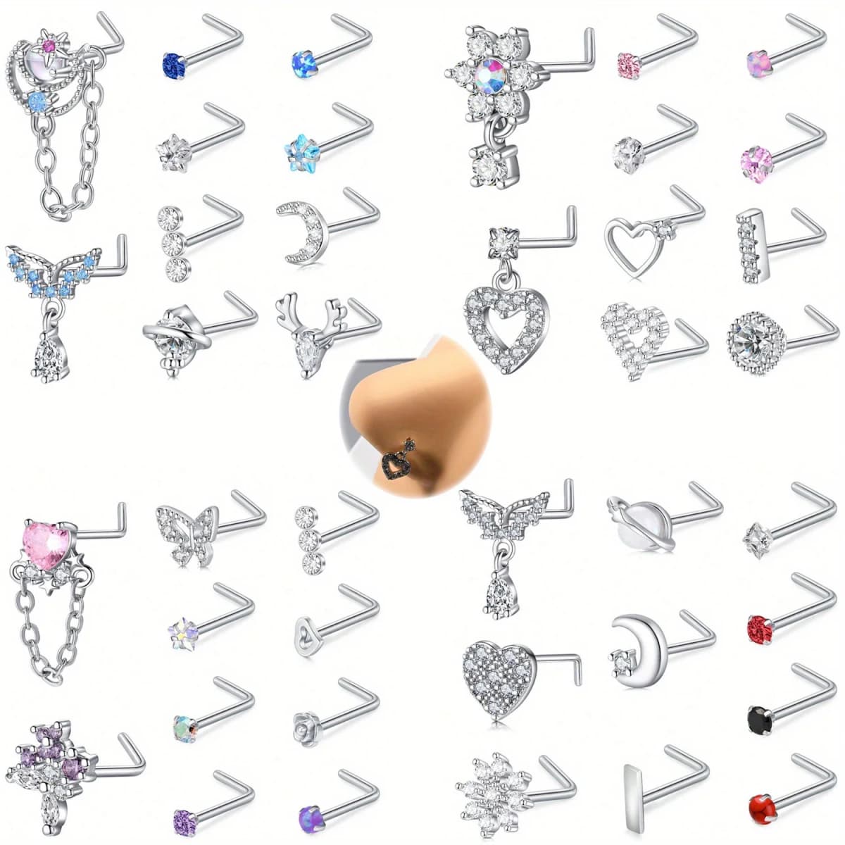 10pcs 20G 7mm Nose Stud Set, 304 Stainless Steel Nostril Jewelry, Elegant Cute Nose Screw Hoop Rings, Synthetic Zirconia