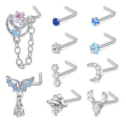 10pcs 20G 7mm Nose Stud Set, 304 Stainless Steel Nostril Jewelry, Elegant Cute Nose Screw Hoop Rings, Synthetic Zirconia