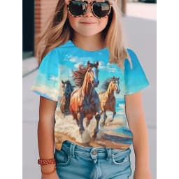 Children's Clothing Girl Cute and Funny Animal Horse 3D Print Graphic T Shirts Style Comfortable Crew Neck Top T-Shirt for Girls
