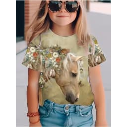 Children's Clothing Girl Cute and Funny Animal Horse 3D Print Graphic T Shirts Style Comfortable Crew Neck Top T-Shirt for Girls