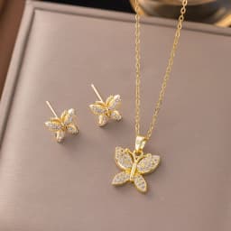 Trendy 18K Gold Plated Zircon Crystal Pendant Stainless Steel Necklace Earring For Women Clavicle Chain Jewelry Lady Accessories