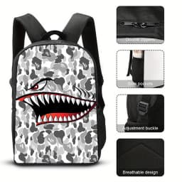 STREET Trendy Shark Graphic Backpack Graffiti Art Cartoon Print School Backpack Lightweight Casual Daypack for Students Travel