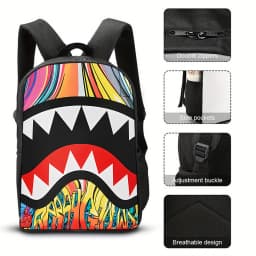 STREET Trendy Shark Graphic Backpack Graffiti Art Cartoon Print School Backpack Lightweight Casual Daypack for Students Travel
