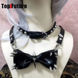 Women Personality Y2K Punk Harajuku Cool Gothic Lolita Necklace Halloween PU Rivet Bow Cosplay Party Chokers Choker Tie Hairpin