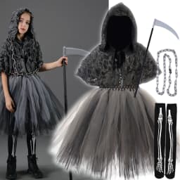 Halloween Death Dress Up Costume With Hoodies Girls Evil Role Playing Tulle Tutu Kids Carnival Party Fancy Sickle Chain Clothes