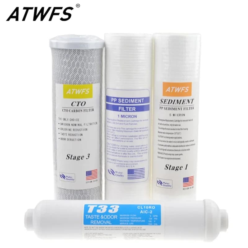 10" Universal PP Sediment / 5 Micron / 1 Micron PP Cotton+CTO Carbon Filter+T33 Reverse Osmosis System UF Water Treatment