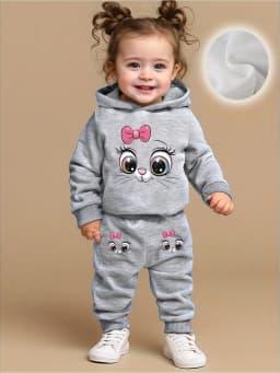 Baby girl cute cartoon cat pattern long sleeved fleece hooded sweatshirt+casual simple pants set, spring and autumn two-piece se