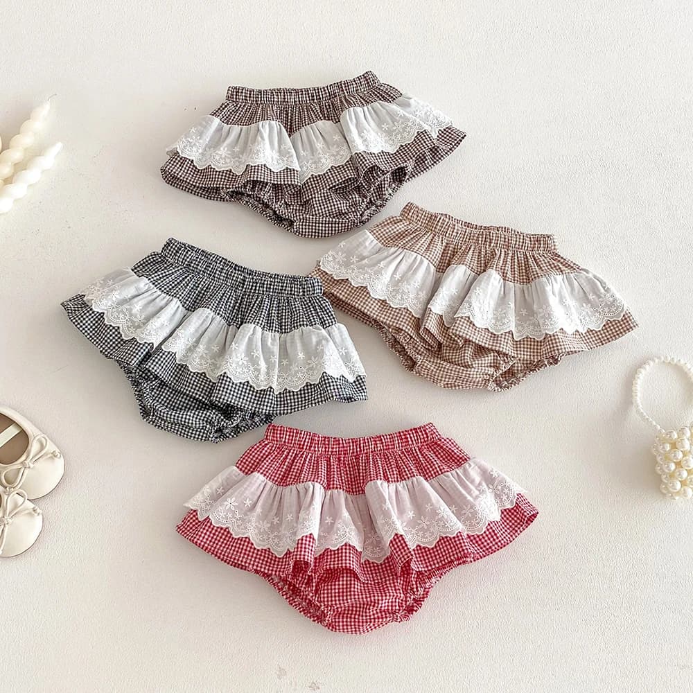 Baby Girls Plaid Skirt Shorts Kids Ruffles Lace Embroidery Pettiskirt Toddler Tutu Skirt Infant Bloomers PP Shorts 0-3t