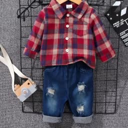 Boys' Spring Autumn Tartan Polo Shirt +-denim Long Trousers Two-piece Casual Outfit Boys Tweed Check Shirt