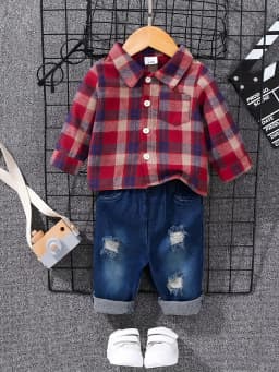 Boys' Spring Autumn Tartan Polo Shirt +-denim Long Trousers Two-piece Casual Outfit Boys Tweed Check Shirt