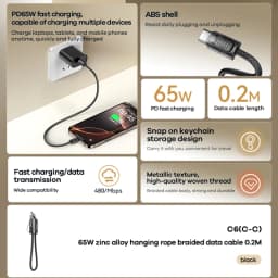 REMAX 65W Zinc Alloy Hanging Rope Braided Data Cable Type-c To Type-c PD65W High Power Fast Charge Usb Cable 20cm Length C6