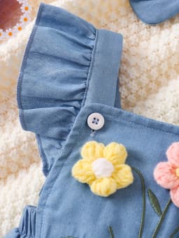 Baby Girl Soft Denim 3D Flower Embroidered Flutter Overall Romper + Bow Headband, Cute 2-Piece Outfit