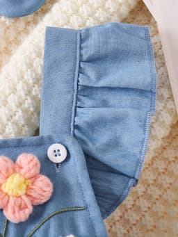 Baby Girl Soft Denim 3D Flower Embroidered Flutter Overall Romper + Bow Headband, Cute 2-Piece Outfit