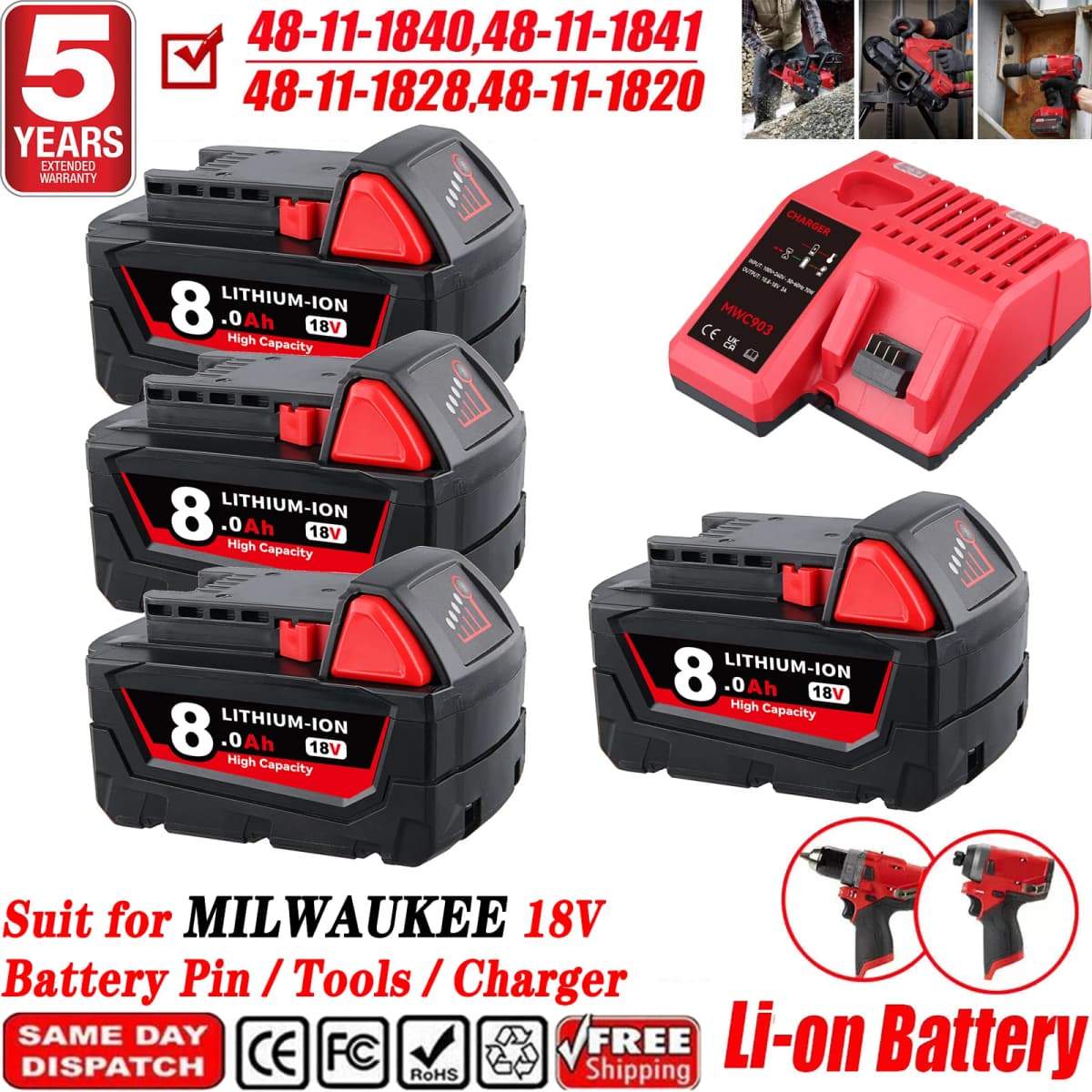 1/2/4Pcs 8.0Ah M18 Replace for Milwaukee 18V Li-on Battery Pin Suit for 48-11-1840 48-11-1850 Tools With M12-18C Dual Charger