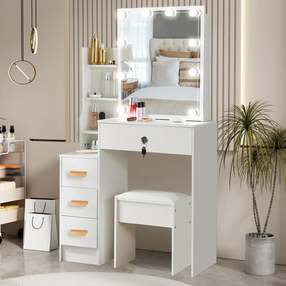 Bedroom Dressing Table LED Makeup Mirror Stool Set 10 Bulbs Vanity Desk White