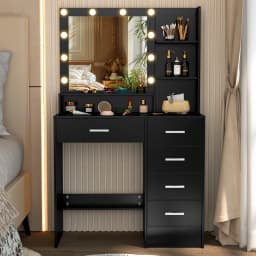 Black Dressing Table with 5 Drawers and Lighted Mirror Makeup Vanity Desk