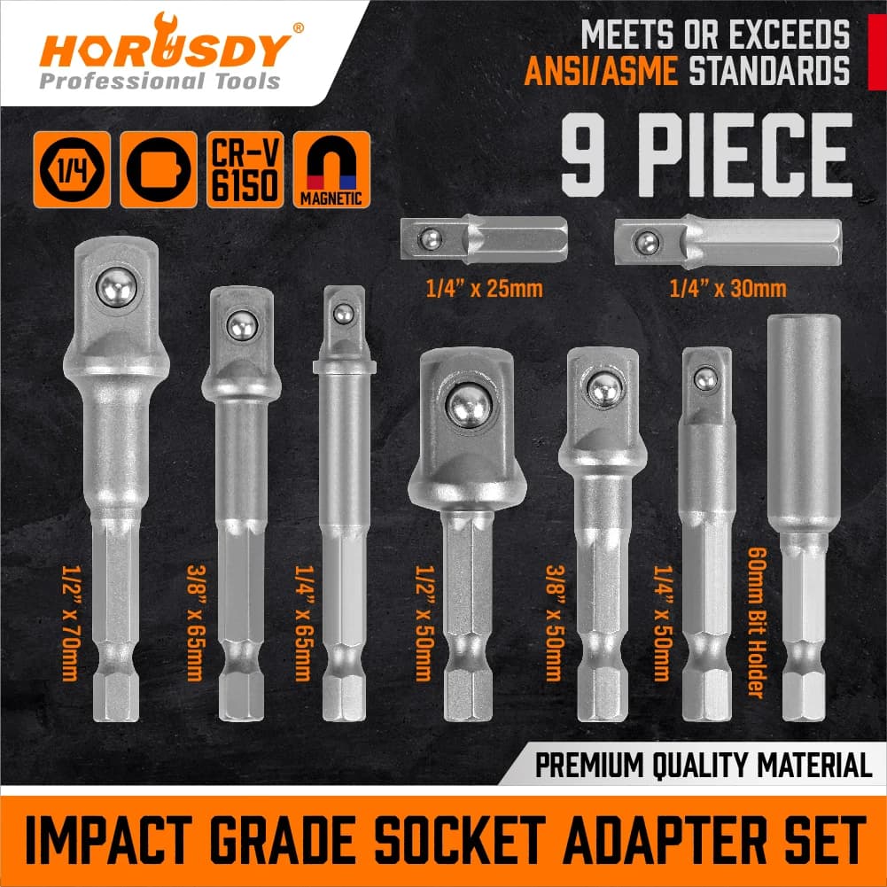 HORUSDY 9Pc Drill Socket Adapter Hex Impact Driver Bit Extension Adaptor 1/4" 3/8" 1/2"