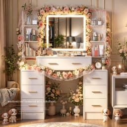 White Wood Vanity Set, Touch Control Dimmable LED Mirror, 7 Drawers Bedroom Makeup Desk Easy Assembly